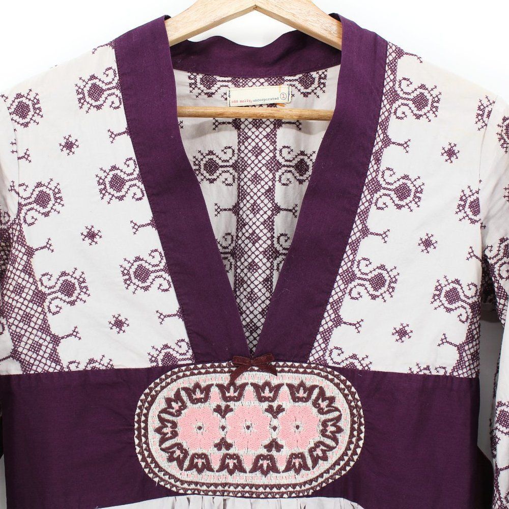 Odd Molly Cotton Four Continents Tunic Dress Plum Embroidered Knee Length Sz 1/S - Picture 5 of 15